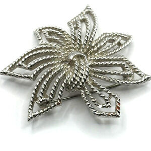 Monet Brooch Pin Textured Silver Tone Flower Star Angular Petals Vintage